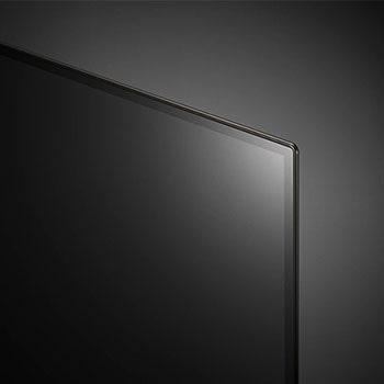 Detailaufnahme der oberen Ecke des LG OLED evo AI C4 4K Smart TV mit extrem schmalem Rahmen