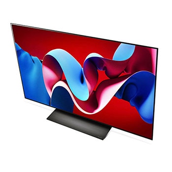 Obere Front-Schrägansicht des LG OLED evo AI C4 4K Smart TV mit flachem Profil und intensiver Farbdarstellung
