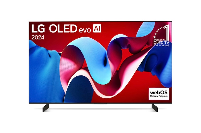 Frontansicht des LG OLED evo AI C4 4K Smart TV mit farbigem Display und Standfüßen.