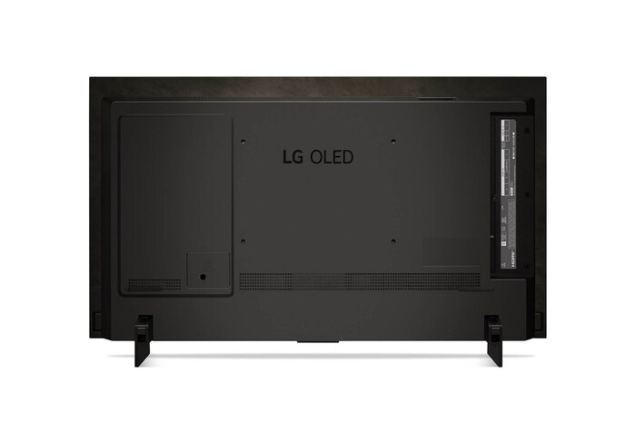 Rückansicht des LG OLED evo AI C4 4K Smart TV mit mittiger Standfußposition und Anschlussfeld.