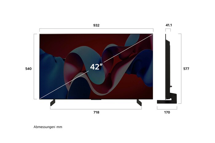 Abmessungen des 42" LG OLED evo AI C4: Breite 932 mm, Höhe 577 mm, Tiefe 41,1 mm, Standfuß: 718×170 mm.