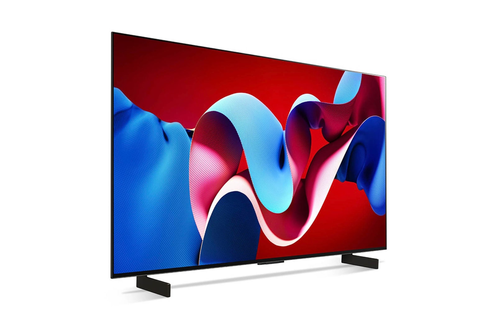 Schrägansicht von vorne rechts des LG OLED evo AI C4 4K Smart TV mit Dual-Standfüßen.