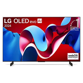 Frontansicht des LG OLED evo AI C4 4K Smart TV mit farbigem Display und Standfüßen.