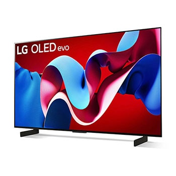 Schrägansicht von vorne links des LG OLED evo AI C4 4K Smart TV mit Dual-Standfüßen.
