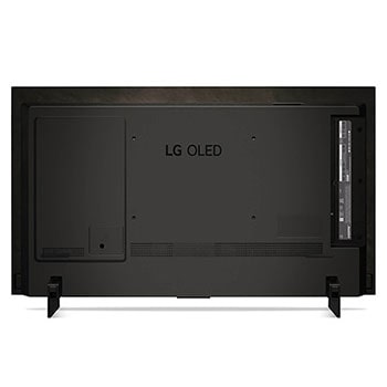 Rückansicht des LG OLED evo AI C4 4K Smart TV mit mittiger Standfußposition und Anschlussfeld.
