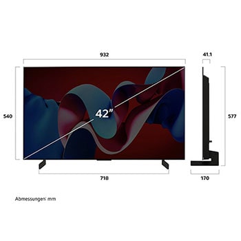 Abmessungen des 42" LG OLED evo AI C4: Breite 932 mm, Höhe 577 mm, Tiefe 41,1 mm, Standfuß: 718×170 mm.