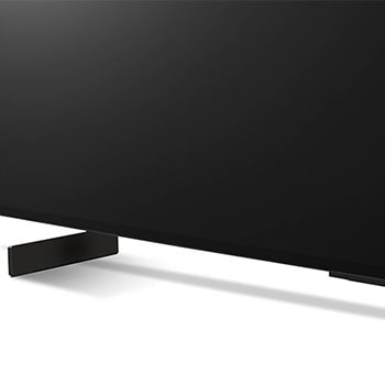 Detailaufnahme des linken Standfußes des LG OLED evo AI C4 4K Smart TV in Schwarz.