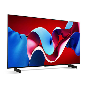 Schrägansicht von vorne links des LG OLED evo AI C4 4K Smart TV mit leuchtendem Display.