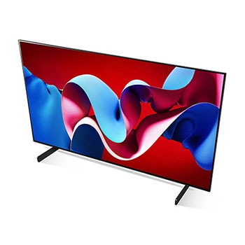 Ansicht von oben links auf den LG OLED evo AI C4 4K Smart TV mit sichtbaren Standfüßen.