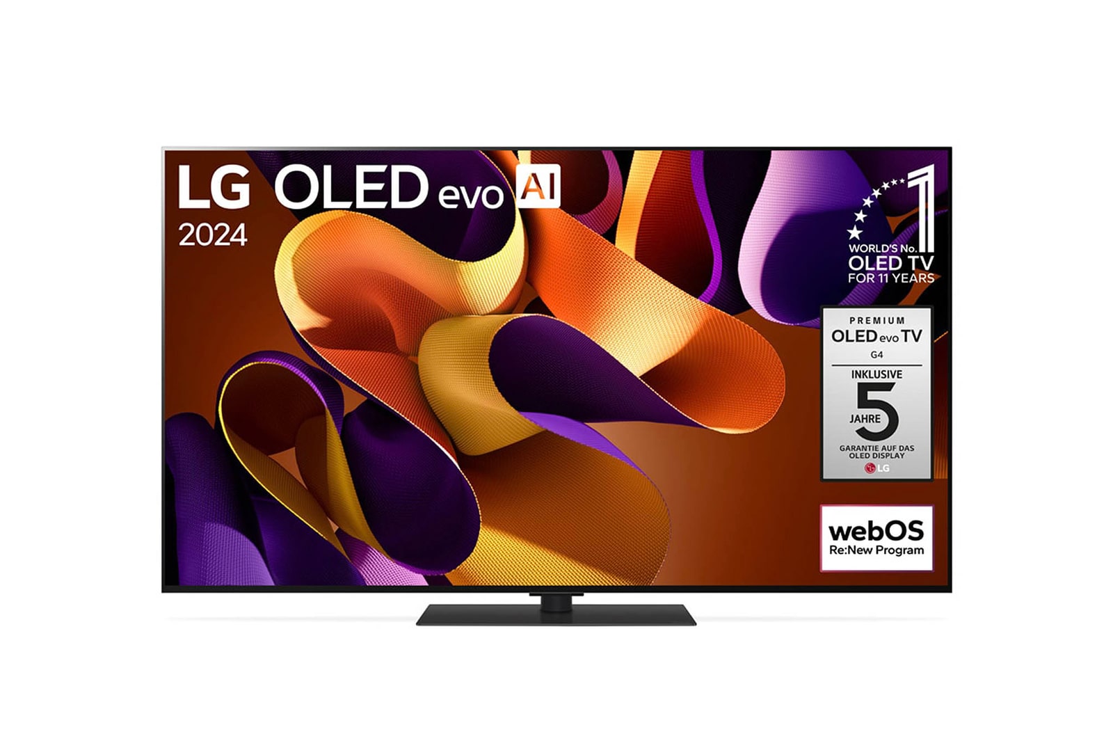 Vorderansicht des LG OLED evo AI G4 4K Smart TV mit leuchtenden Bandgrafiken und wichtigen Feature-Labels.