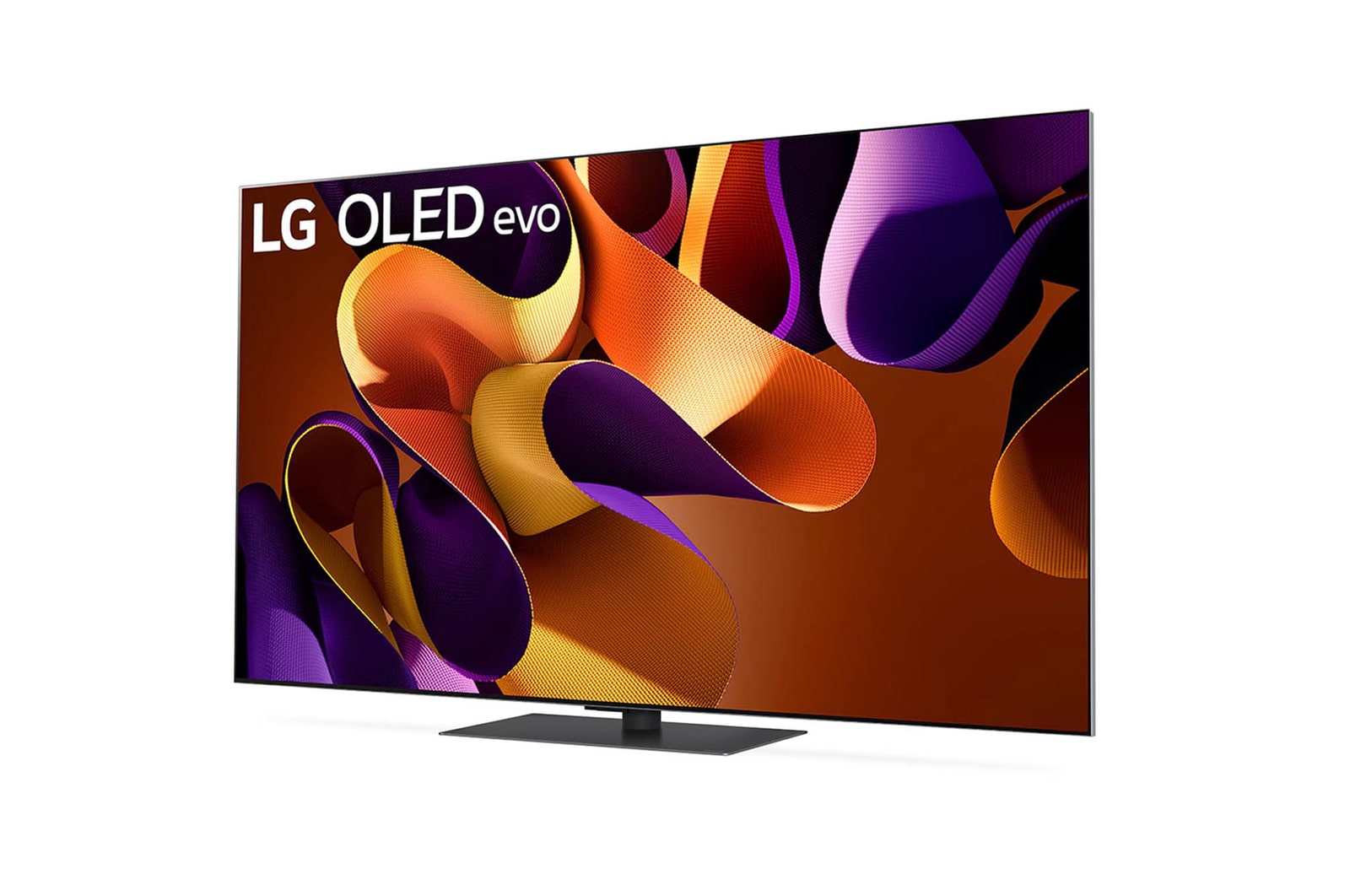 LG OLED evo AI G4 4K Smart TV aus linkem Winkel mit farbenfroher Bändergrafik auf dem Bildschirm