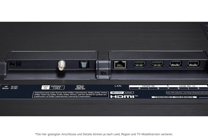 Nahaufnahme der Rückseite des LG OLED evo AI G4 4K Smart TV mit HDMI-, LAN-, USB- und Antenneneingängen.