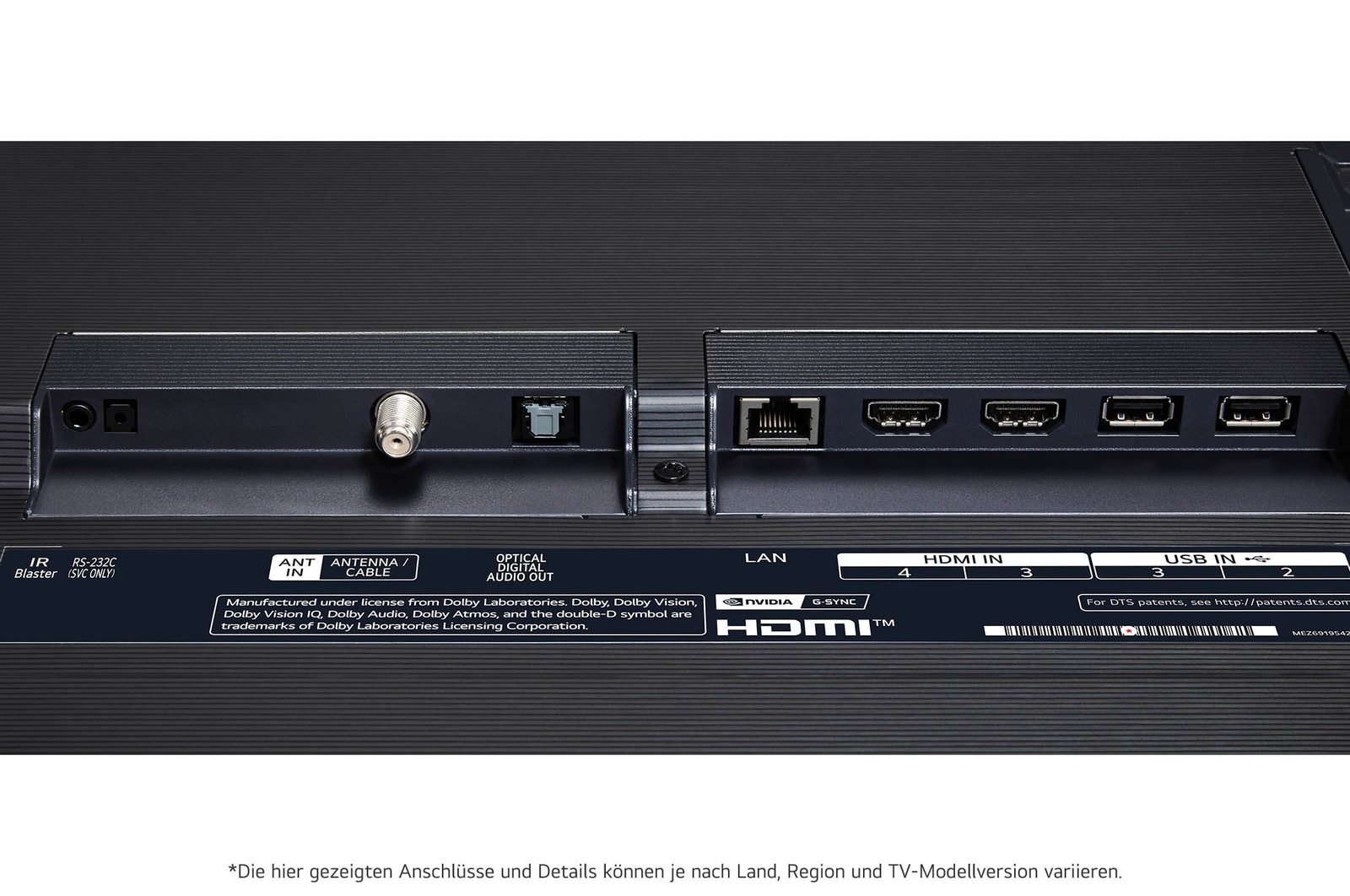 Nahaufnahme der Rückseite des LG OLED evo AI G4 4K Smart TV mit HDMI-, LAN-, USB- und Antenneneingängen.