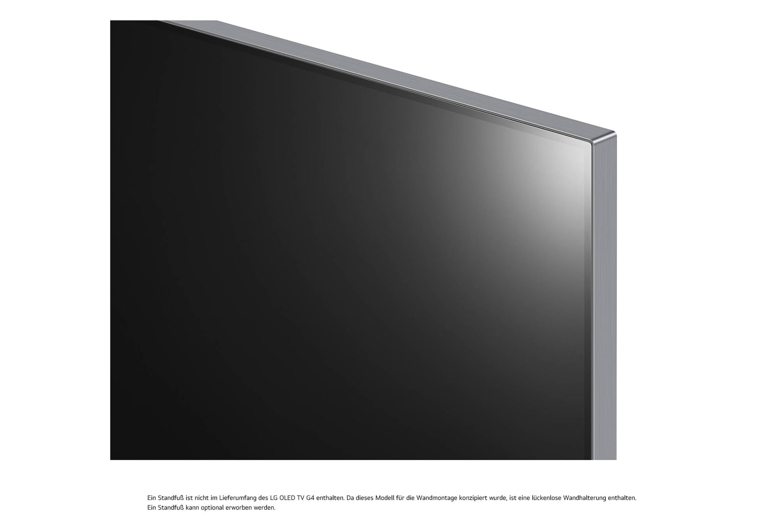 Nahaufnahme der oberen Ecke des LG OLED evo AI G4 4K Smart TV mit Metallrahmen und dünnem Rand.