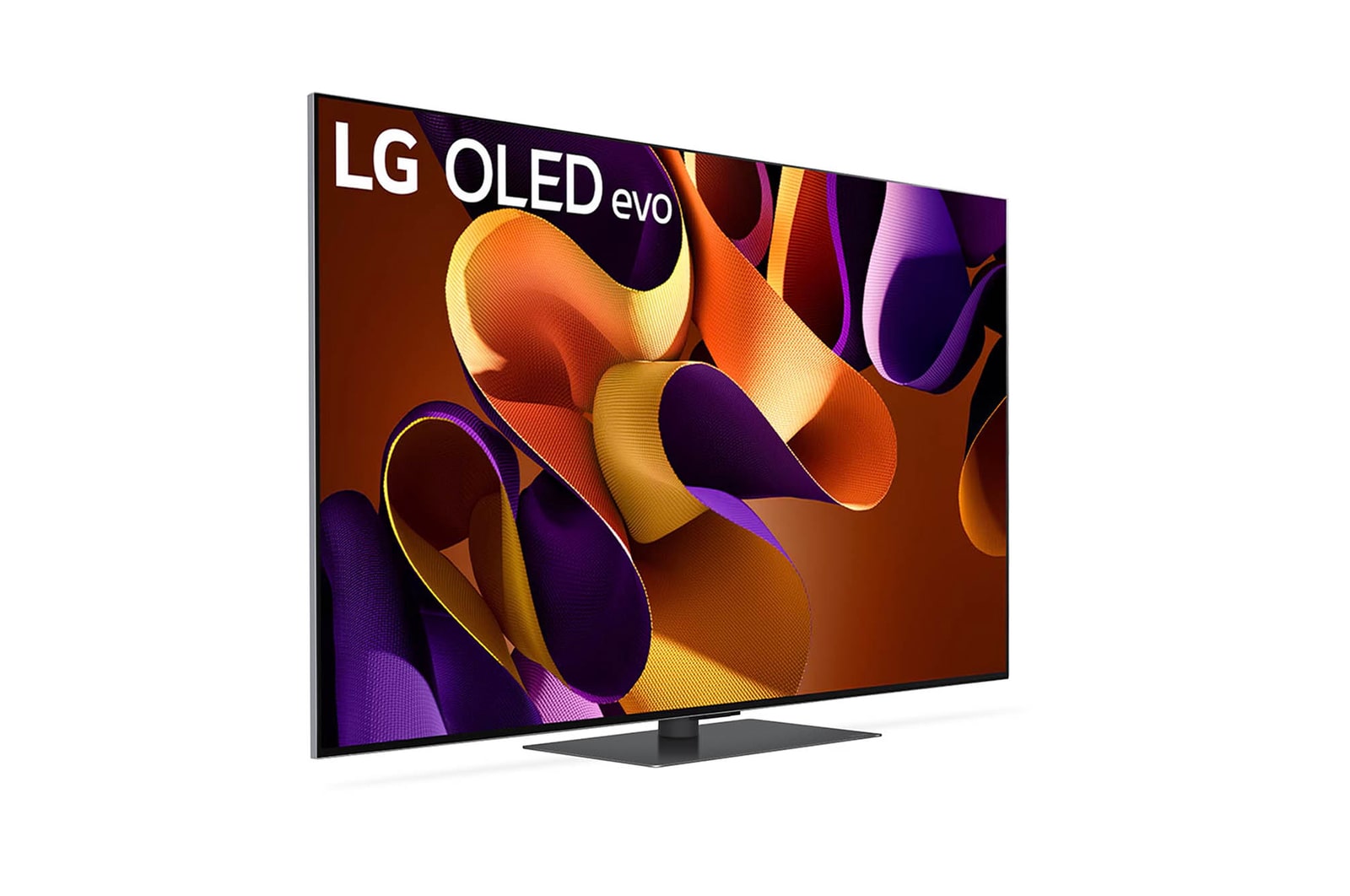 Rechte Seitenansicht des LG OLED evo AI G4 4K Smart TV auf Standfuß mit extrem schlankem Design