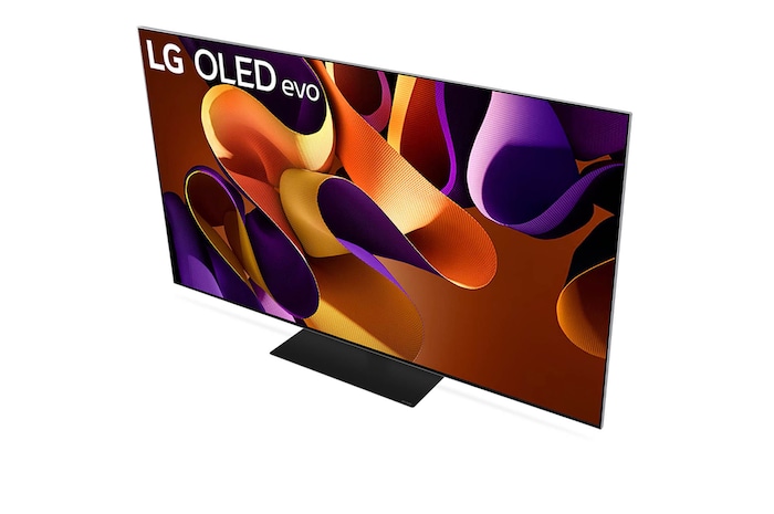 Obere Diagonalansicht des LG OLED evo AI G4 4K Smart TV mit Bandgrafiken und schlankem Profil.