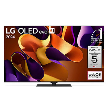 Vorderansicht des LG OLED evo AI G4 4K Smart TV mit leuchtenden Bandgrafiken und wichtigen Feature-Labels.