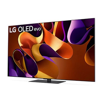 LG OLED evo AI G4 4K Smart TV aus linkem Winkel mit farbenfroher Bändergrafik auf dem Bildschirm