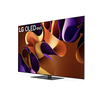 Linke Seitenansicht des LG OLED evo AI G4 4K Smart TV auf Standfuß mit besonders schlankem Profil