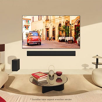 Wandmontierter LG OLED evo AI G4 4K Smart TV in einem stilvollen Wohnzimmer mit Soundbar (separat erhältlich).