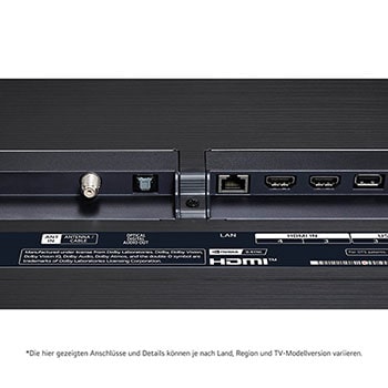 Nahaufnahme der Rückseite des LG OLED evo AI G4 4K Smart TV mit HDMI-, LAN-, USB- und Antenneneingängen.