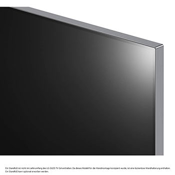 Nahaufnahme der oberen Ecke des LG OLED evo AI G4 4K Smart TV mit Metallrahmen und dünnem Rand.