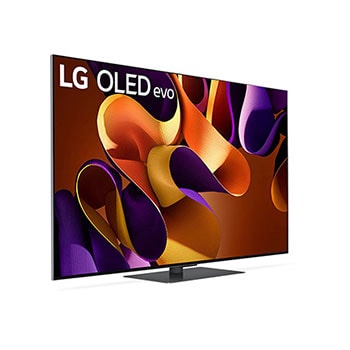 Rechte Seitenansicht des LG OLED evo AI G4 4K Smart TV auf Standfuß mit extrem schlankem Design