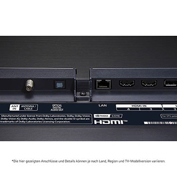 Nahaufnahme der Rückseite des LG OLED evo AI G4 4K Smart TV mit HDMI-, LAN-, USB- und Antenneneingängen.
