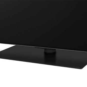 Detailaufnahme des Premium-Standfußes des LG OLED evo AI G4 4K Smart TV aus Frontansicht.