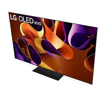Obere Diagonalansicht des LG OLED evo AI G4 4K Smart TV mit Bandgrafiken und schlankem Profil.