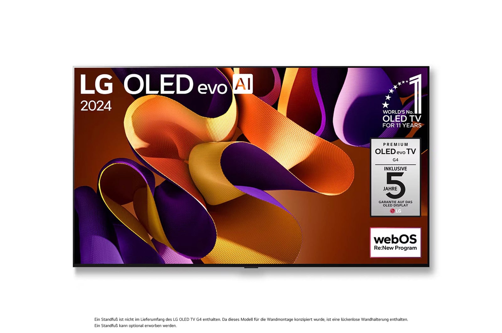 Frontansicht des an der Wand montierten LG OLED evo AI G4 4K Smart TV mit lebendigem Kunstwerk und KI-optimiertem 4K-Display