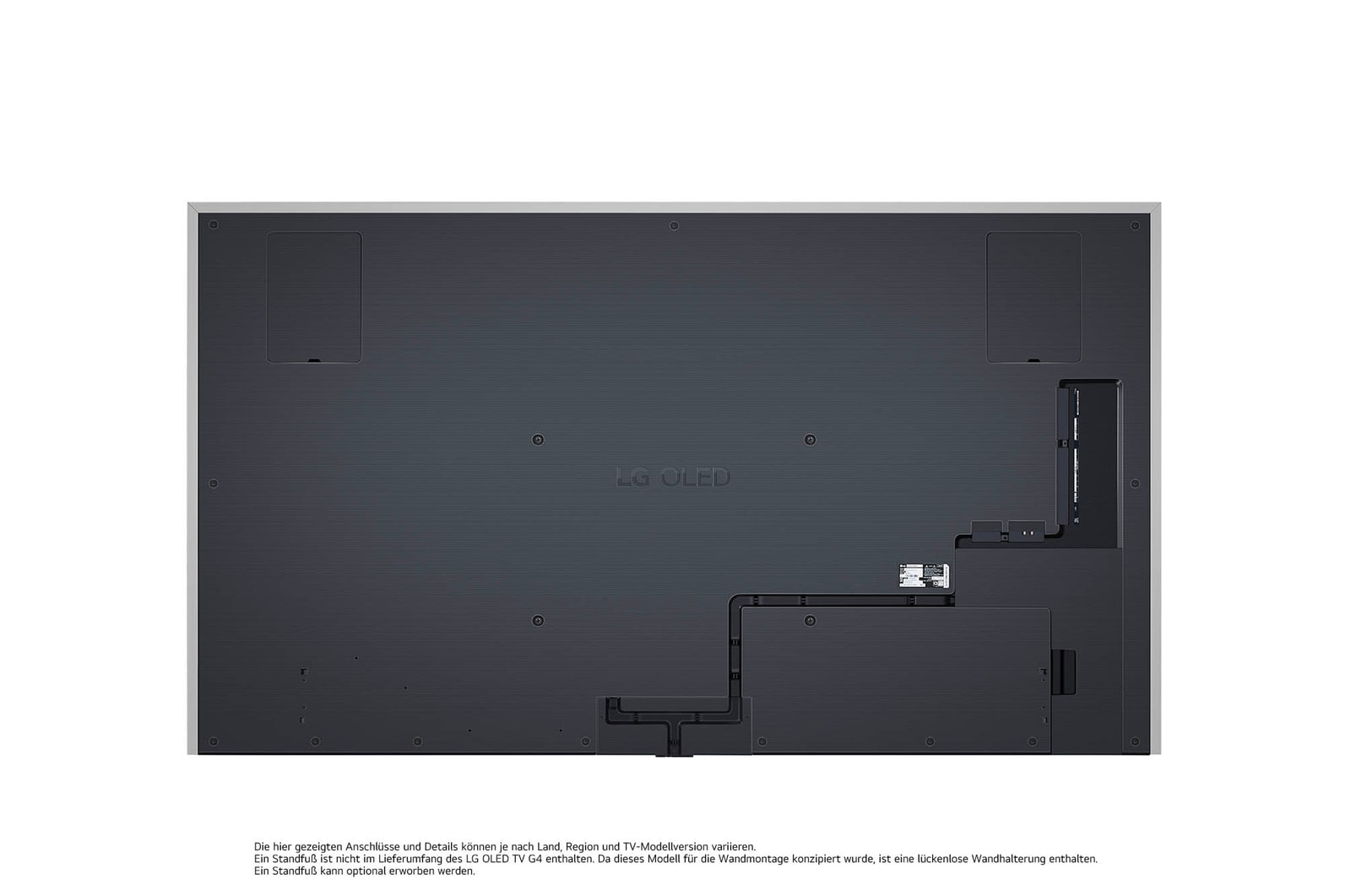 Rückansicht des LG OLED evo AI G4 4K Smart Wand-TVs mit aufgeräumtem Kabelmanagement und flacher Wandmontage