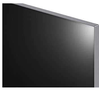 Schrägansicht der Ecke des LG OLED evo AI G4 4K Smart Wand-TVs mit Metallrahmen und minimalistischer Ästhetik