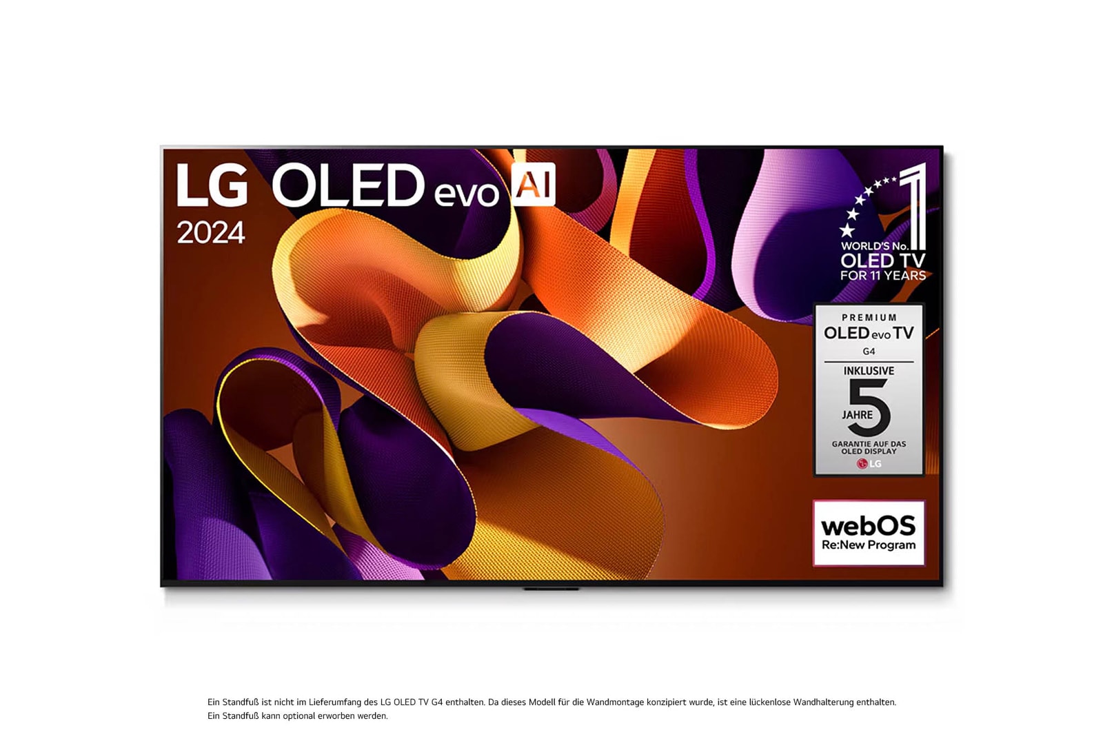 Frontansicht des an der Wand montierten LG OLED evo AI G4 4K Smart TV mit lebendigem Kunstwerk und KI-optimiertem 4K-Display