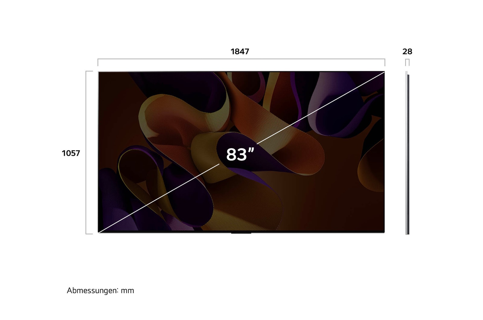 Abmessungen des LG OLED evo AI G4 4K Smart Wand-TVs: 2155 x 1225 x 28,2 mm mit 97 Zoll Bildschirm