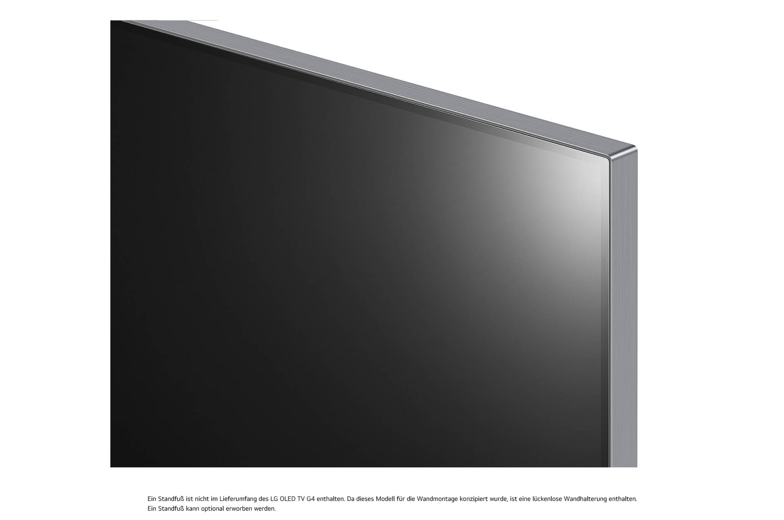 Schrägansicht der Ecke des LG OLED evo AI G4 4K Smart Wand-TVs mit Metallrahmen und minimalistischer Ästhetik