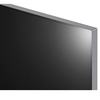 Schrägansicht der Ecke des LG OLED evo AI G4 4K Smart Wand-TVs mit Metallrahmen und minimalistischer Ästhetik