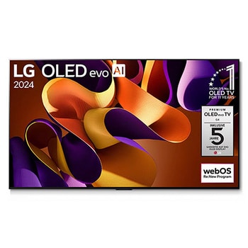 Frontansicht des an der Wand montierten LG OLED evo AI G4 4K Smart TV mit lebendigem Kunstwerk und KI-optimiertem 4K-Display