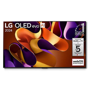Frontansicht des an der Wand montierten LG OLED evo AI G4 4K Smart TV mit lebendigem Kunstwerk und KI-optimiertem 4K-Display