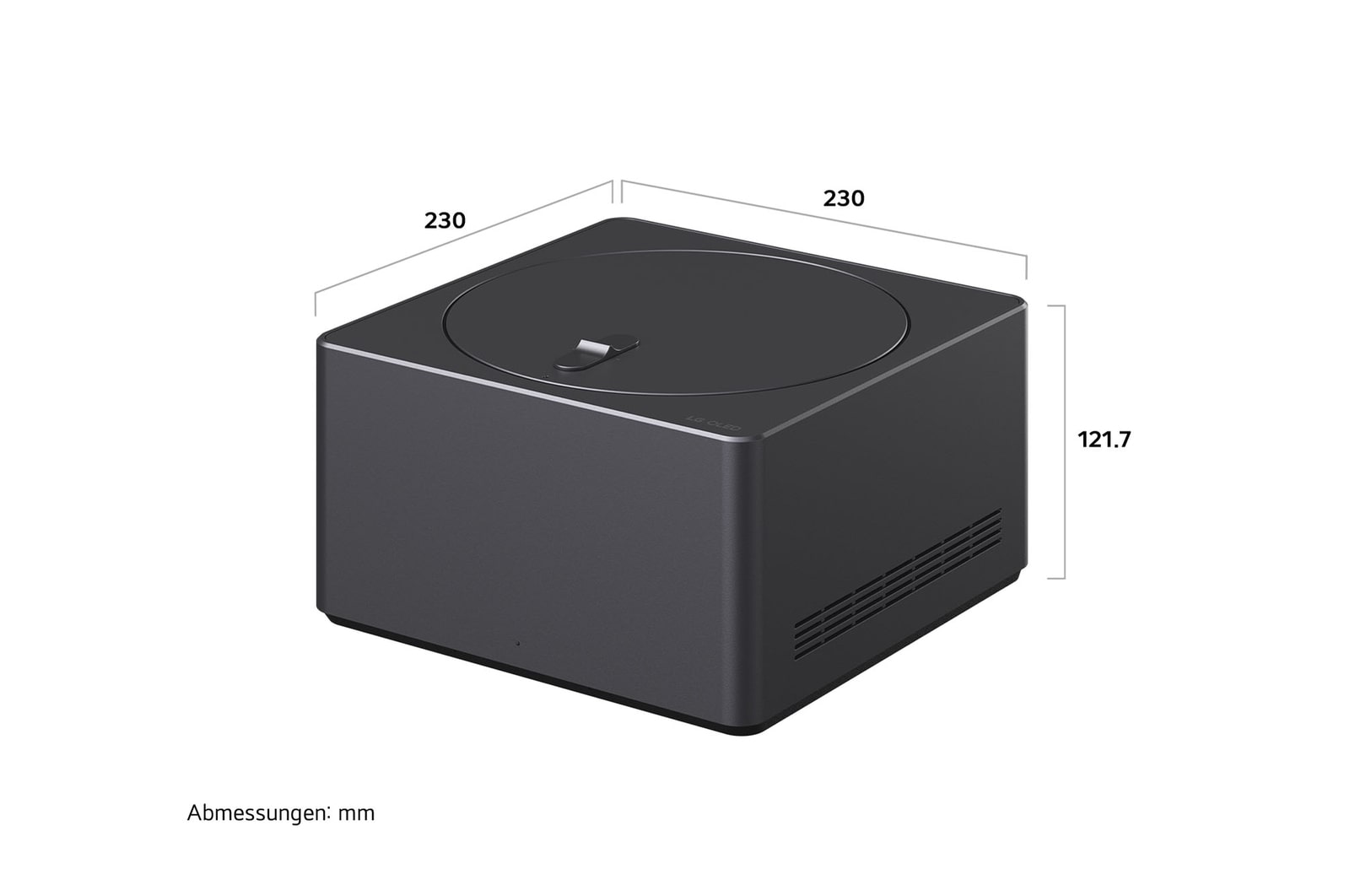 Maßgrafik der Zero Connect Box für den LG Signature OLED M4 True Wireless TV Fernseher mit Breite, Höhe und Tiefe in mm.