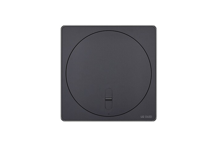 Draufsicht auf die Zero Connect Box für den LG Signature OLED M4 True Wireless TV Fernseher mit kreisförmigem Oberflächendesign.