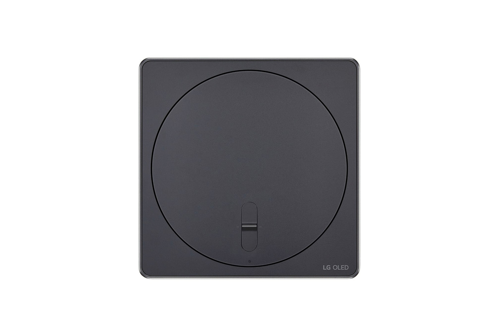 Draufsicht auf die Zero Connect Box für den LG Signature OLED M4 True Wireless TV Fernseher mit kreisförmigem Oberflächendesign.