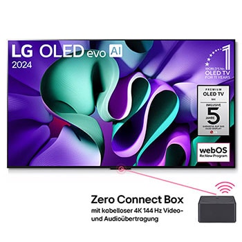 Frontansicht des LG Signature OLED M4 True Wireless TV Fernsehers mit Produktlogos und angeschlossener Zero Connect Box mit kabelloser 4K 144Hz Übertragung.