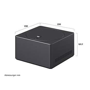 Maßgrafik der Zero Connect Box für den LG Signature OLED M4 True Wireless TV Fernseher mit Breite, Höhe und Tiefe in mm.