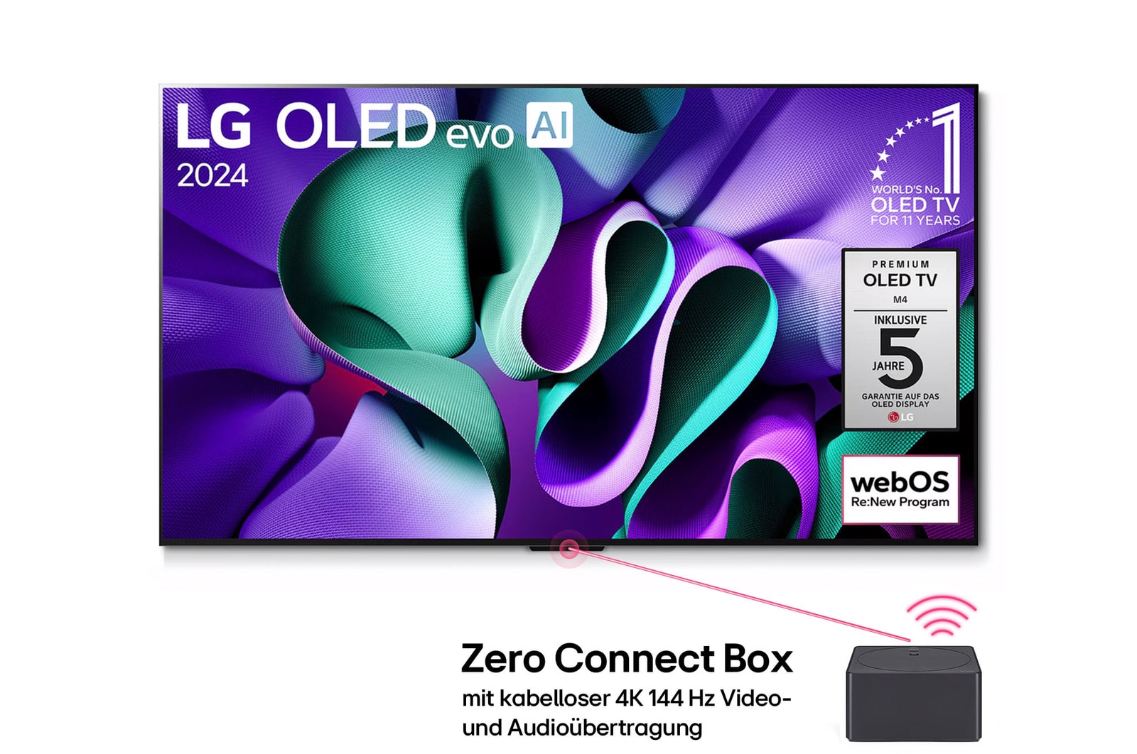 Frontansicht des LG OLED evo AI M4 4K Smart TV Fernsehers mit Produktlogos und angeschlossener Zero Connect Box mit kabelloser 4K 144Hz Übertragung.