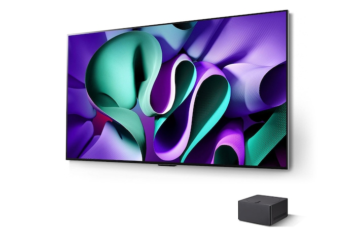 Schrägansicht des LG OLED evo AI M4 4K Smart TV Fernsehers mit vorne platzierter Zero Connect Box.