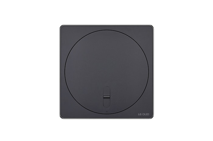 Draufsicht auf die Zero Connect Box für den LG OLED evo AI M4 4K Smart TV Fernseher mit kreisförmigem Oberflächendesign.