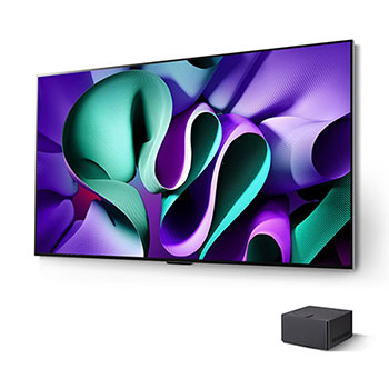 Schrägansicht des LG OLED evo AI M4 4K Smart TV Fernsehers mit vorne platzierter Zero Connect Box.