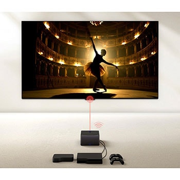 Zero Connect Box mit Spielkonsole und Set-Top-Box verbunden, überträgt kabellos eine Ballettaufführung auf den LG OLED evo AI M4 4K Smart TV Fernseher.