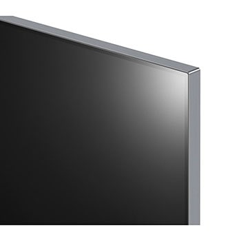 Nahaufnahme der oberen linken Ecke des LG OLED evo AI M4 4K Smart TV Fernsehers mit Metallrahmendesign.